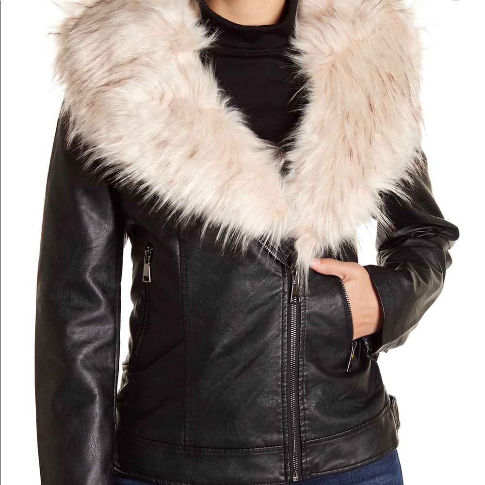 Women's Black Faux Leather Jacket with Cream Fur Collar